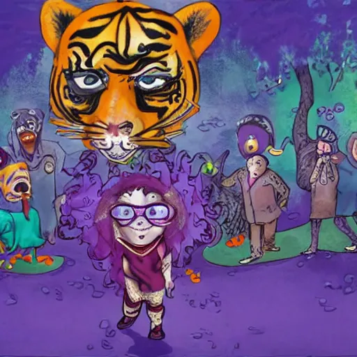 Prompt: an old 6-eyed child in pajamas runs through purple water from a dog with a tiger head, surrounded by people with claws in masquerade masks