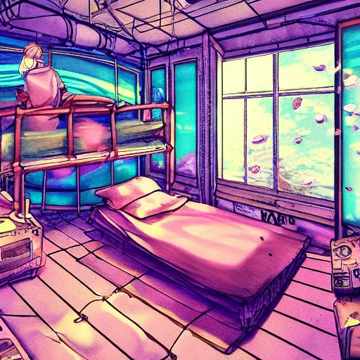 Image similar to anime background of the interior of an underwater makeshift bedroom created hastily inside a small containment unit, a loft bed, book case, computer desk, various coral seashells overtaking it, nostalgia, vaporwave, litter, steampunk, cyberpunk, water caustics, anime, vhs distortion, dynamic shot, cinematic, letterbox, art created by miyazaki