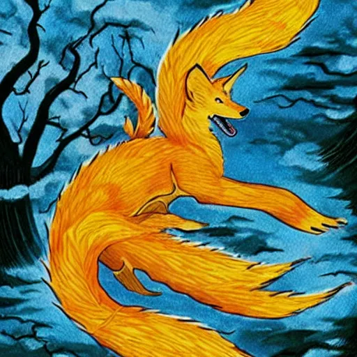 Image similar to a nine tailed fox, kitsune, japanese folklore, realistic depiction