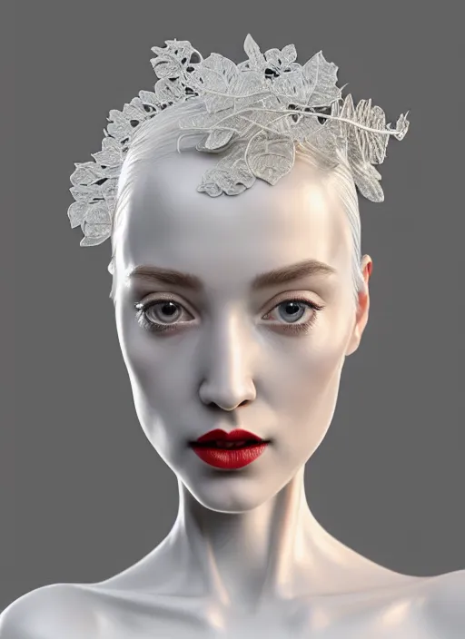 Image similar to complex 3d render ultra detailed of a beautiful porcelain profile woman face, mechanical cyborg, 150 mm, beautiful natural soft light, rim light, silver gold details, magnolia big leaves and stems, roots, fine foliage lace, maze like, mesh wire, red lips, intricate details, hyperrealistic, ultra detailed, mandelbrot fractal, anatomical, white metal neocubism armor, facial muscles, cable wires, microchip, elegant, octane render, H.R. Giger style, 8k