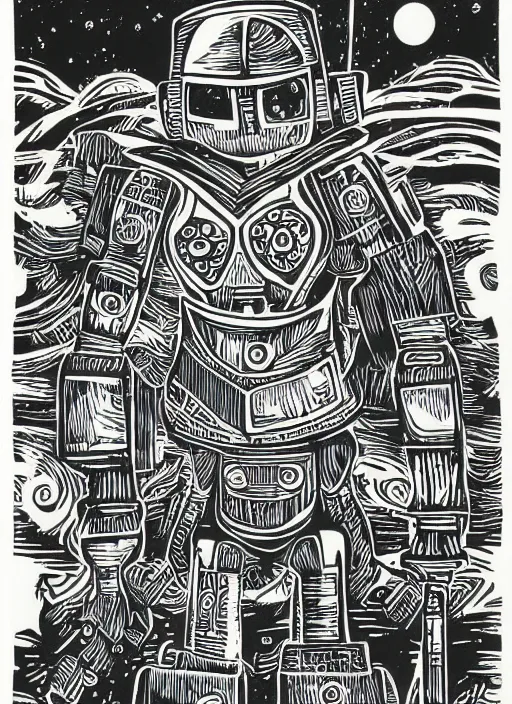 Image similar to !dream warrior robots by Julie de Graag, linocut print