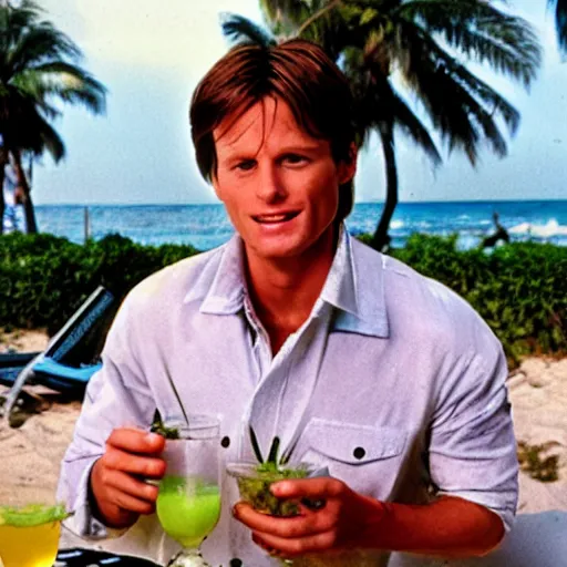 Prompt: marty mcfly drinking a mojito on the beach