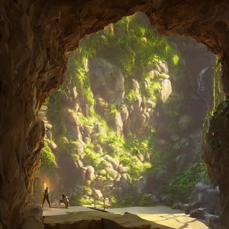 Image similar to secret overwatch hallway for living quarters carved inside a cave surrounding a lush garden, trimmed, magical, natural light, clean lines, cozy, fantasy, minimalist architecture, sharp focus, concept art, by greg rutkowski and craig mullins,, octane render 8 k