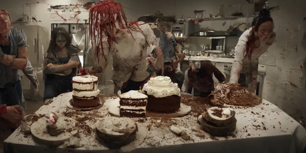 Image similar to Frightening scene in an horror movie where everything turns into a cake