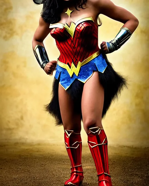 Image similar to photos of a Chimpanzee dressed as Wonder Woman. A chimpanzee wearing Wonder Woman’s outfit, Photography in the style of National Geographic, photorealistic