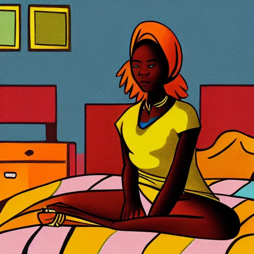 Prompt: an african woman sitting on a bed comforting her baby, illustration, balanced composition, wide shot