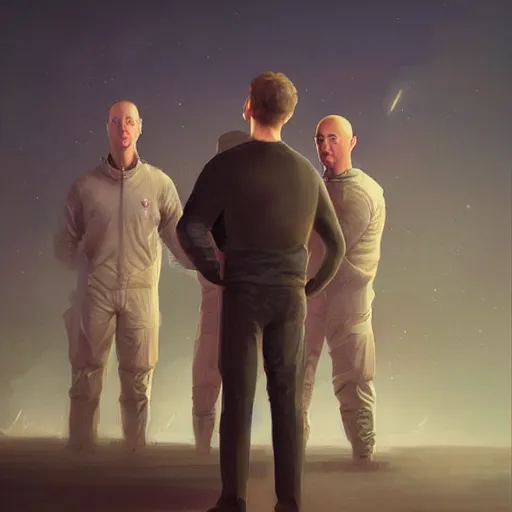 Image similar to portrait of elon mus, mark zuckerberg and jeff bezos together, together, very detailled, art contest winner on behance, trendy on deviant art, by by artgem, greg rutkowski