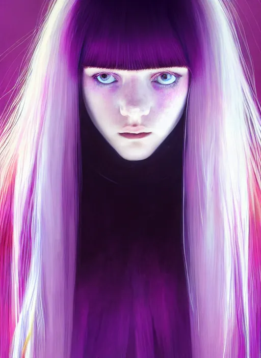 Image similar to hair whitebangs hair, black hair, whitebangs, portrait of teenage girl with white bangs, red irises, purple clothes, white bangs, bangs are different color from hair, intricate, elegant, glowing lights, highly detailed, digital painting, artstation, concept art, smooth, sharp focus, illustration, art by wlop, mars ravelo and greg rutkowski