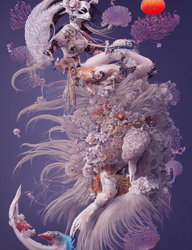 Image similar to 3 d goddess bottom - up with ram skull. beautiful intricately detailed japanese crow kitsune mask and clasical japanese kimono. betta fish, jellyfish phoenix, bio luminescent, plasma, ice, water, wind, creature, artwork by tooth wu and wlop and beeple and greg rutkowski