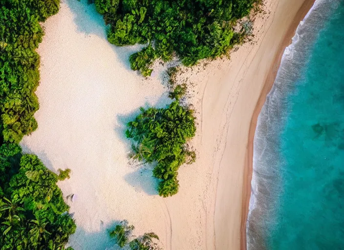 Image similar to aerial view of a beautiful beach with tropical trees, sunny day, cinematic, beautiful light