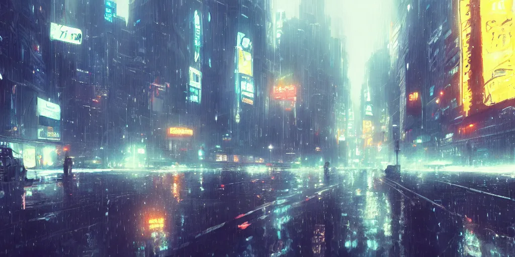 Image similar to bladerunner city, Makoto Shinkai, filmed, flying cars, raining, night, trending on ArtStation, oppressive lighting, trending on artstation, very detailed