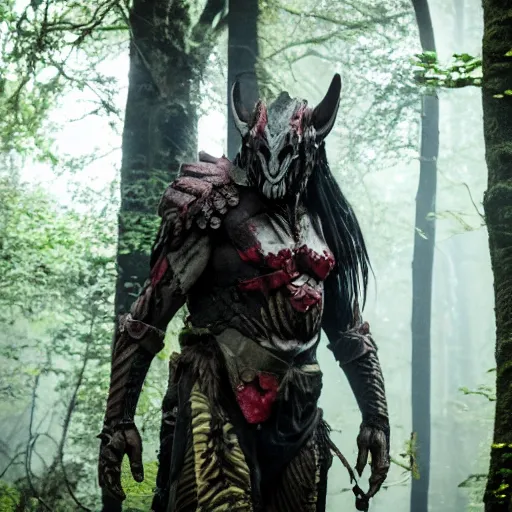 Image similar to High fantasy Yautja in the forests plains of north yorkshire, 4k, Predator Movie, dragon inspired armor