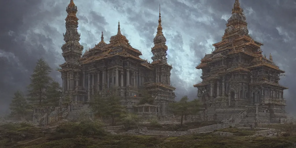 Image similar to a cyberpunk style temple, by ivan shishkin, by james gurney, detailed, atmospheric, 8 k