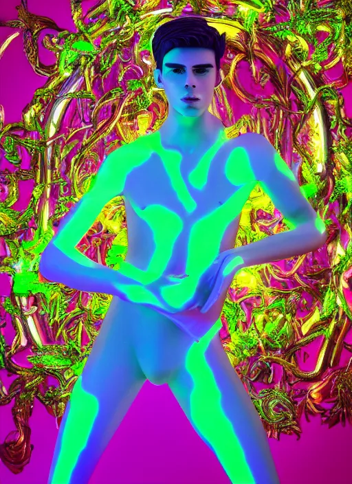 Image similar to photo of baroque and bladerunner delicate neon emerald sculpture of seductive prince adrien sahores pink iridescent humanoid deity wearing metallic jungle leaves, crystal tigers, glowing rainbow lights, crown made of hands, cinematic lighting, photorealistic, octane render 8 k depth of field 3 d
