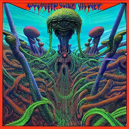 Prompt: stoner metal album cover in the style of wayne barlowe and kenny scharf and philippe druillet, realistic, insanely detailed, intricate, smooth, airbrush, play-doh