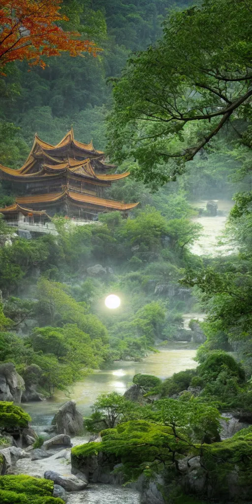 Prompt: A ultra-realistic CG rendering of Ancient China,There is a stream, jiangnan ancient buildings on besides of the stream,in the evening,Orange leaf maple tree, a moon in the sky, 8k,