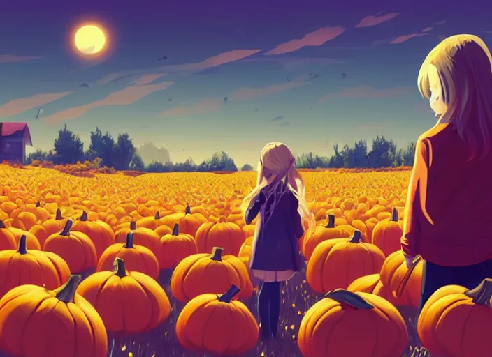 Image similar to little girl with long blonde hair visiting a pumpkin patch. she is facing away from the viewer. clean cel shaded vector art. shutterstock. behance hd by lois van baarle, artgerm, helen huang, by makoto shinkai and ilya kuvshinov, rossdraws, illustration, art by ilya kuvshinov