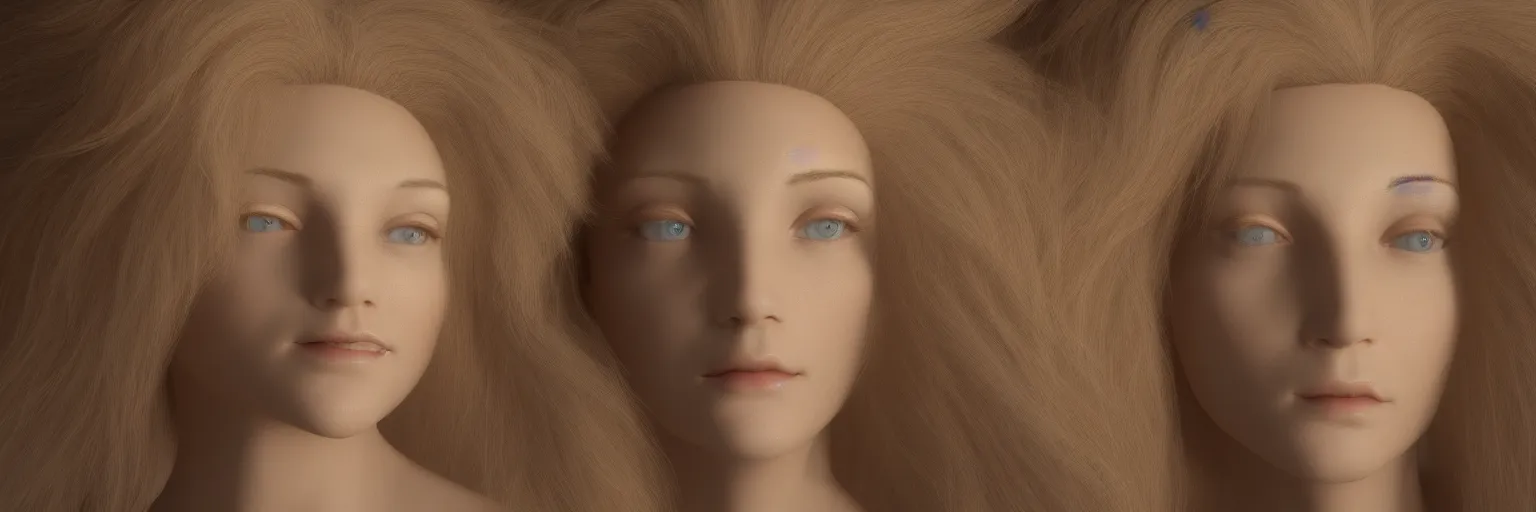 Prompt: A portrait of a very beautiful goddess with hair made of volumetric displacement, arnold render,subsurface scattering, 8k