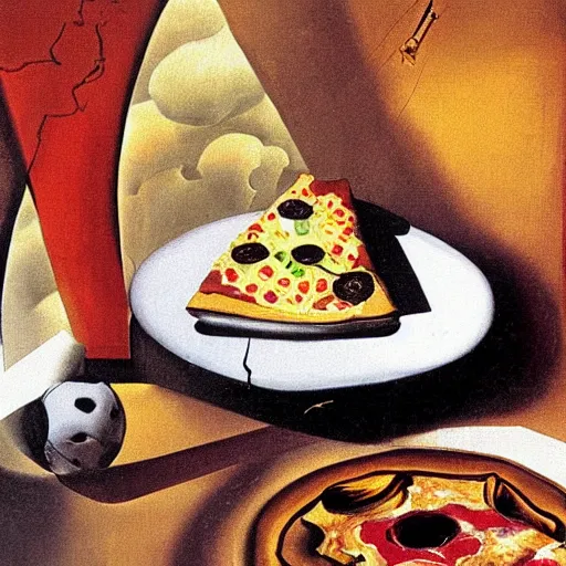 Prompt: ' painting of italy by salvador dali. soccer ball, pizza, coffee'