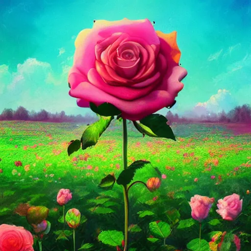 Prompt: large rose as a face, girl frontal in a flower field, surreal photography, sunrise dramatic light, impressionist painting, colorful clouds, digital painting, artstation, simon stalenhag