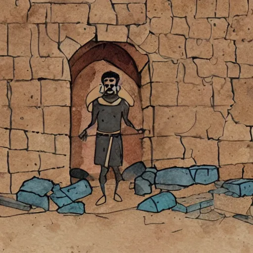 Image similar to award winning cinematic still of 40 year old Mediterranean skinned man in ancient Canaanite clothing building a broken wall in Jerusalem, ink and color watercolor in the style of a 2022 modern illustration