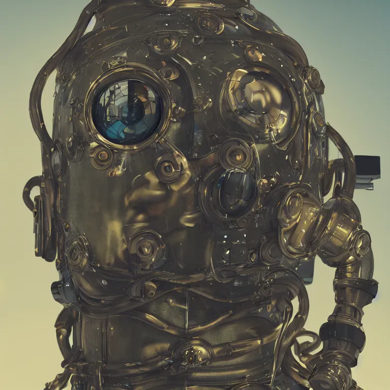 Prompt: octane render portrait by wayne barlow and carlo crivelli and glenn fabry, a psychedelic old timey diving suit filled with glowing fluid and made of clear plastic, cinema 4 d, ray traced lighting, very short depth of field, bokeh