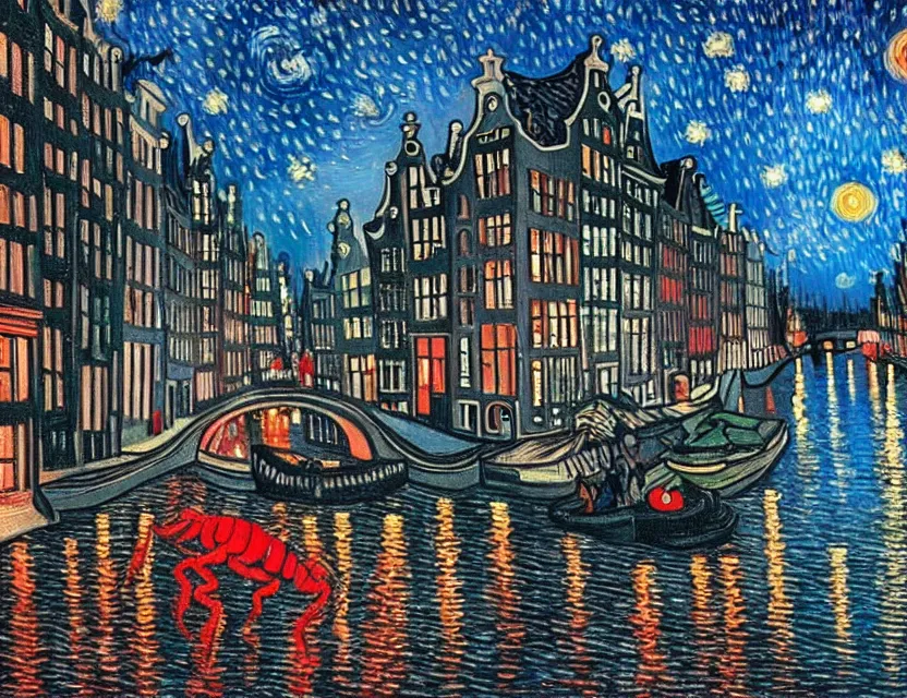 Prompt: a very detailed acrylic painting of a big red lobster being lost in the amsterdam canals surrounded by old bikes and amsterdam houses at night with romantic city light ambiance and a starry sky painting by vincent van gogh but it is james jean