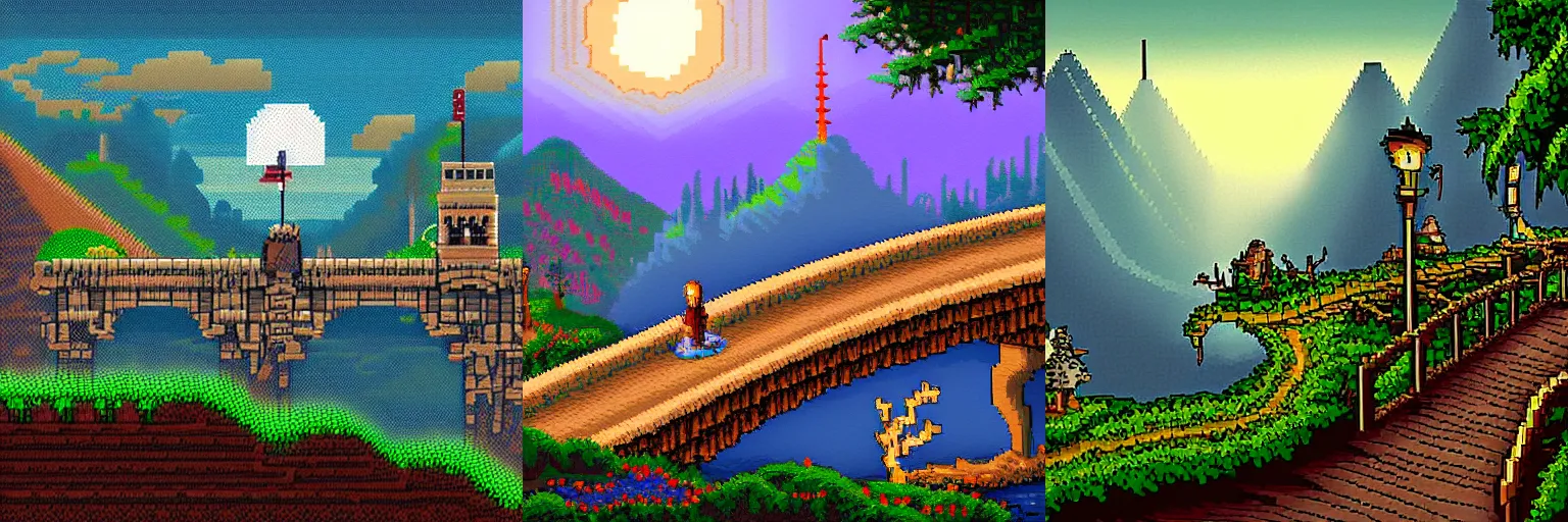 Prompt: Bridge leading to the city on the misty mountain, beautiful pixel art, disney, highly detailed, fantasy, Fable, adventure game from 1992