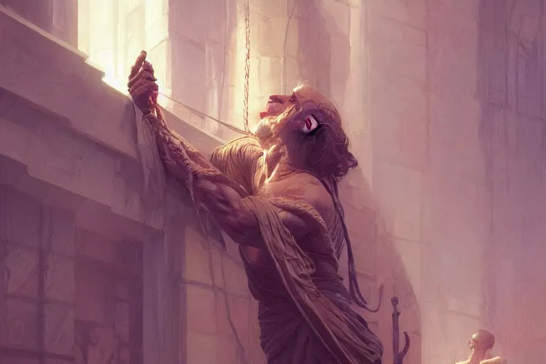 Prompt: a man tied to a pillar, highly detailed, hyperrealistic digital painting, artstation, concept art, smooth, sharp focus, illustration, cinematic lighting, art by artgerm and greg rutkowski and alphonse mucha