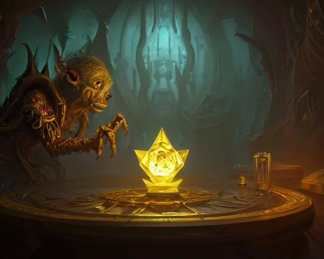 Image similar to a 4 k cinematic screenshot still portrait of a goblin in a dark liminal space room surrounded by gold, deep focus, d & d, fantasy, intricate, elegant, highly detailed, digital painting, art station, concept art, matte, sharp focus, illustration, dark fantasy style art, hearthstone, art by artgerm and greg rutkowski and alphonse mucha