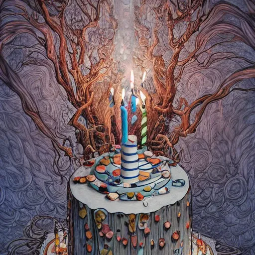 Image similar to epic view of a giant birthday cake with lit candles by junji ito and james jean and esao andrews, cake, candles, 4 k, hyperdetailed, hyperrealistic, trending on artstation, pencil art on paper, horror, dramatic lighting