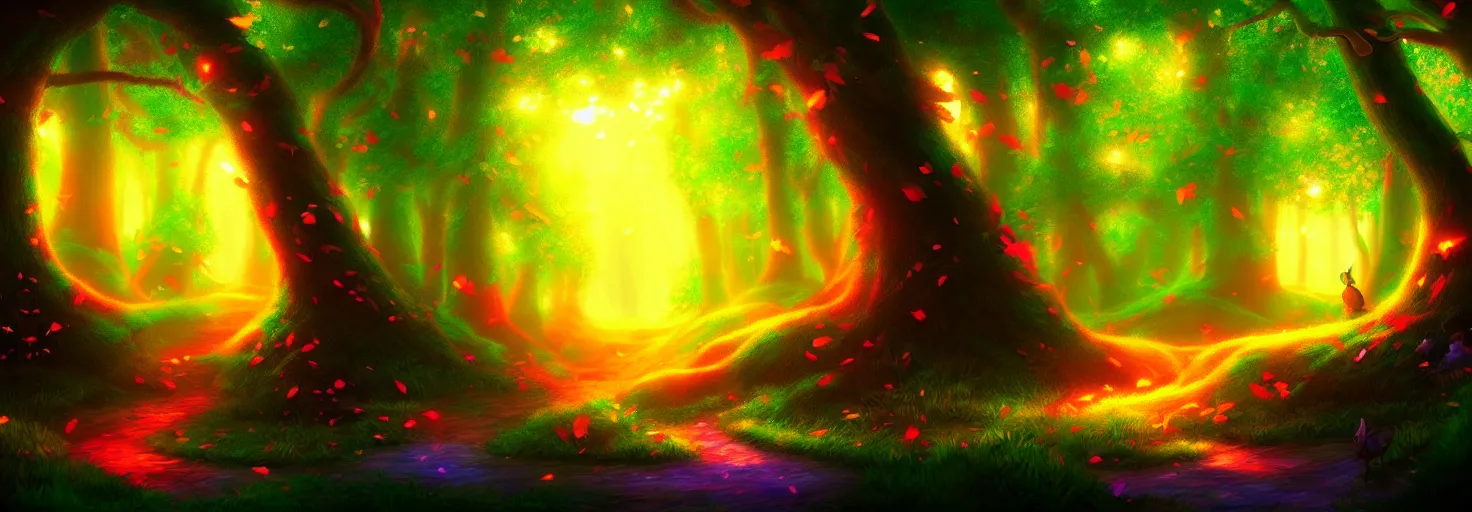 Image similar to enchanted magical forest on magical colorful fire , digital painting , digital art , artstation , devian art , 4k , HD