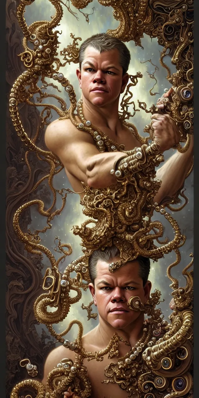 Image similar to handsome matt damon baroque rococo fantasy character portrait, ultra realistic, intricate details, the fifth element artifacts, highly detailed by peter mohrbacher, hajime sorayama, wayne barlowe, boris vallejo, aaron horkey, gaston bussiere, craig mullins alphonse mucha, rococo curves swirls and spirals, flowers pearls beads crystals jewelry goldchains scattered