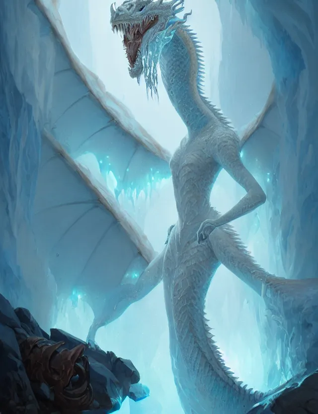 Prompt: portrait of the ice dragon queen, greg rutkowski, greg tacchini, james willard, joe fenton, kete butcher, dynamic lighting, gradient light blue, brown, light cream and white colors, oil aesthetics