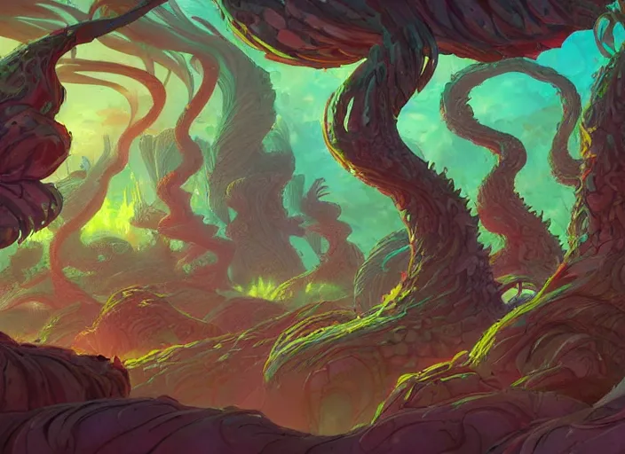 Image similar to psychedelic concept art of a spiraling alien landscape made of fungus and dragons, cel shaded, in the style of makoto shinkai and moebius and peter mohrbacher and anton fadeev