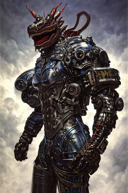 Image similar to a portrait of a muscular anthropomorphic cyberpunk dragon in spacesuit armor with ensignia on chest plate by sandra chevrier, by jon foster, detailed render, post - processing, extremely hyperdetailed, intricate, epic composition, cybernetics, 4 k realistic, cryengine, realistic shaded lighting, sharp focus, masterpiece, by enki bilal