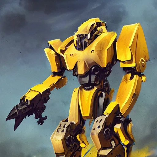 Prompt: yellow mecha with flat head and big sword and shield, Keetongu Bionicle, by Greg Rutkowski