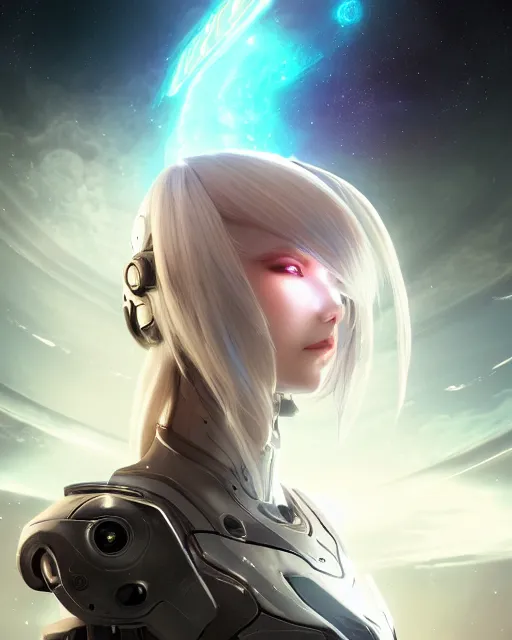 Image similar to perfect android girl on a mothership, warframe armor, beautiful face, scifi, futuristic, galaxy, nebula, raytracing, dreamy, long white hair, blue cyborg eyes, sharp focus, cinematic lighting, highly detailed, artstation, divine, by gauthier leblanc, kazuya takahashi, huifeng huang