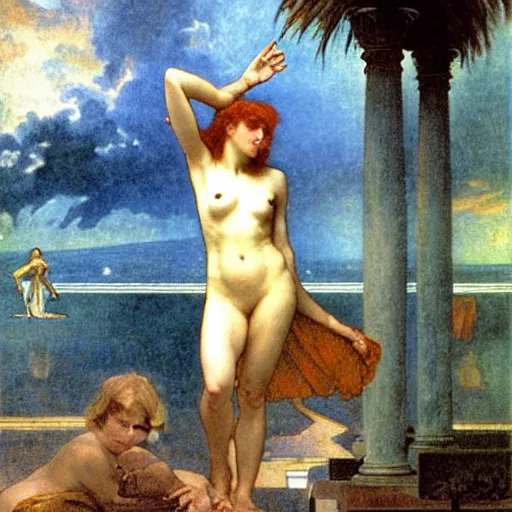 Image similar to Demon girl at the giant column, thunderstorm, greek pool, beach and palm trees on the background major arcana sky, by paul delaroche, alphonse mucha and arnold böcklin arnold böcklin hyperrealistic 8k, very detailed