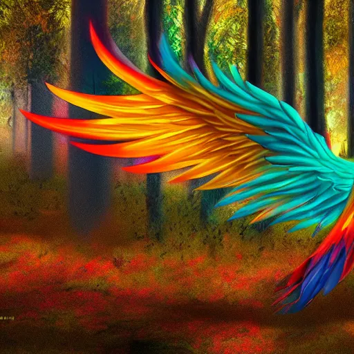 Prompt: A colorful phoenix full of color in an abandoned forest, photo realistic, digital art, trending on artstation, 8k