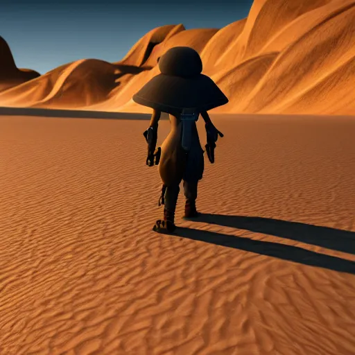 Image similar to A lonely traveller in a desert world, award winning, trending on artstation, unreal engine