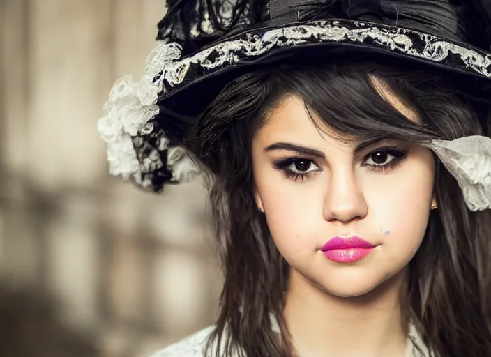 Prompt: closeup portrait of selena gomez wearing adorable victorian gothic lolita fashion, portra 4 0 0 candid photograph portrait by annie leibovitz, 3 5 mm macro shot, f / 3 2, hyperrealistic, cinematic lighting, hd wallpaper, 8 k, 4 k