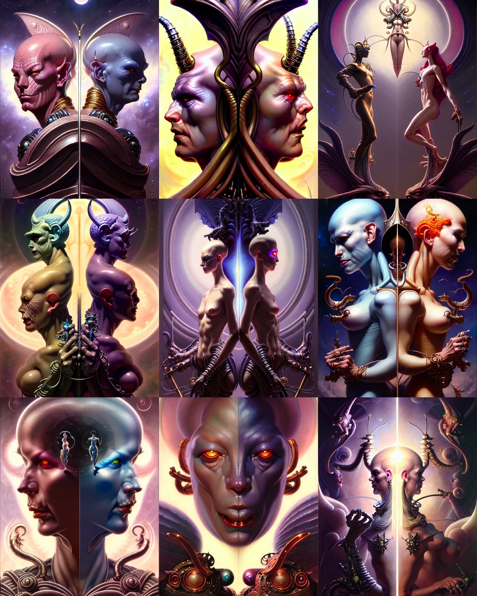 Image similar to beautiful gemini good and evil fantasy character portrait, ultra realistic, wide angle, intricate details, the fifth element artifacts, highly detailed by peter mohrbacher, hajime sorayama, wayne barlowe, boris vallejo, aaron horkey, gaston bussiere, craig mullins