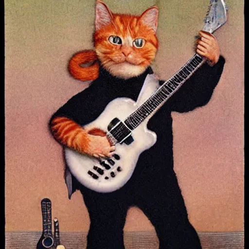 Image similar to a ginger cat dressed as an Hardrocker playing electric guitar, by Michael Sowa