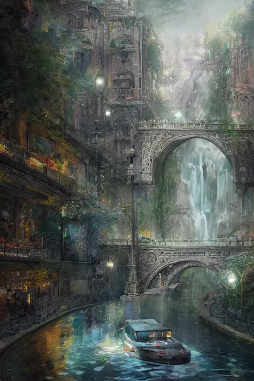 Prompt: An urban train rides inside of a waterway on a fantasy city, next to a fountain and a mystical palace,, waterfall, intricate, elegant, volumetric lighting, digital painting, highly detailed, artstation, sharp focus, illustration, concept art, ruan jia, steve mccurry