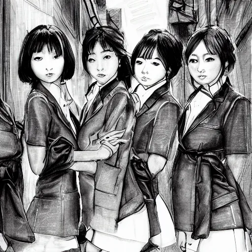 Prompt: a perfect, realistic professional digital sketch of close-up Japanese schoolgirls posing in a sci-fi alleyway, style of Marvel, full length, by pen and watercolor, by a professional American senior artist on ArtStation, a high-quality hollywood-style sketch, on high-quality paper