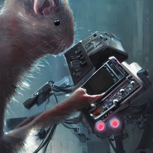 Image similar to a rat cyborg playing with a tb-303 synthesizer, by ruan jia