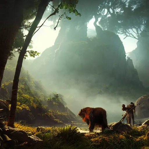 Prompt: cavemen surviving in the wild, volumetric lighting, 8 k octane beautifully detailed render, post - processing, extremely hyper - detailed, intricate, epic composition, cinematic lighting, masterpiece, trending on artstation, detailed detailed detailed, masterpiece, beautiful cinematic light,