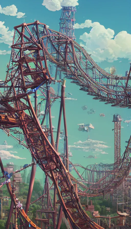 Image similar to A highly detailed matte painting of the tallest most dangerous roller coaster ever, by Studio Ghibli, Makoto Shinkai, by Artgerm, by beeple, by Greg Rutkowski, volumetric lighting, octane render, 4K resolution, trending on artstation, masterpiece