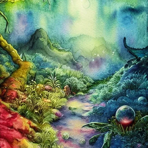 Image similar to beautiful lush natural scene on another planet, with interesting creatures. different than earth but beautiful. lightfall. beautiful detailed artistic watercolor. trending on artstation and deviantart.